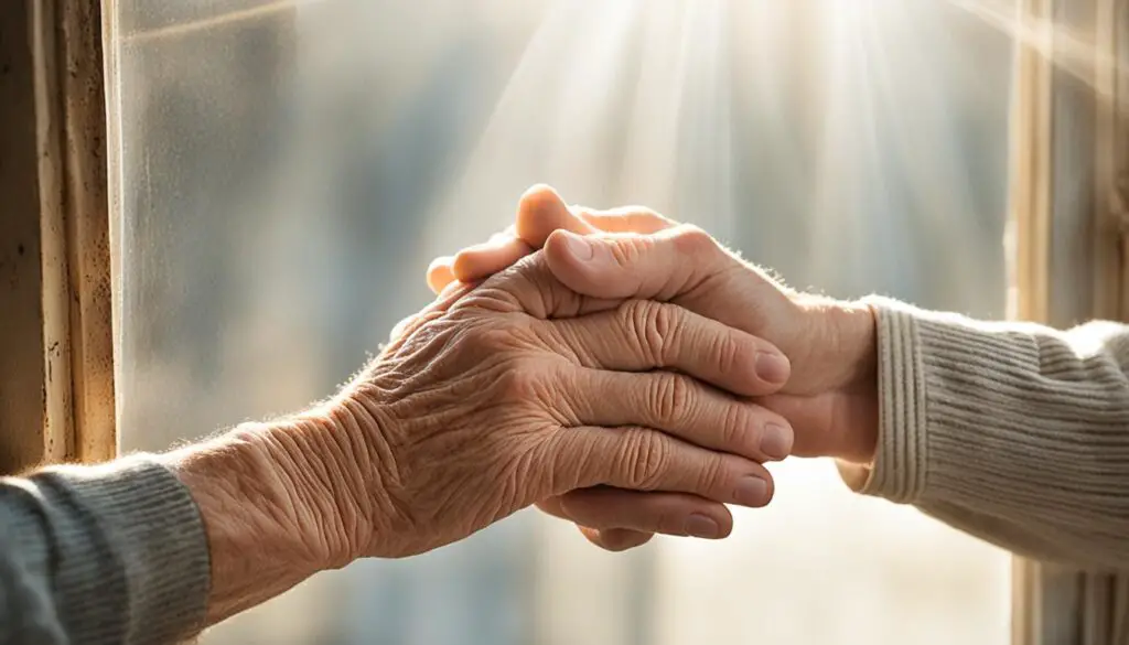 Praying hands with elderly hands